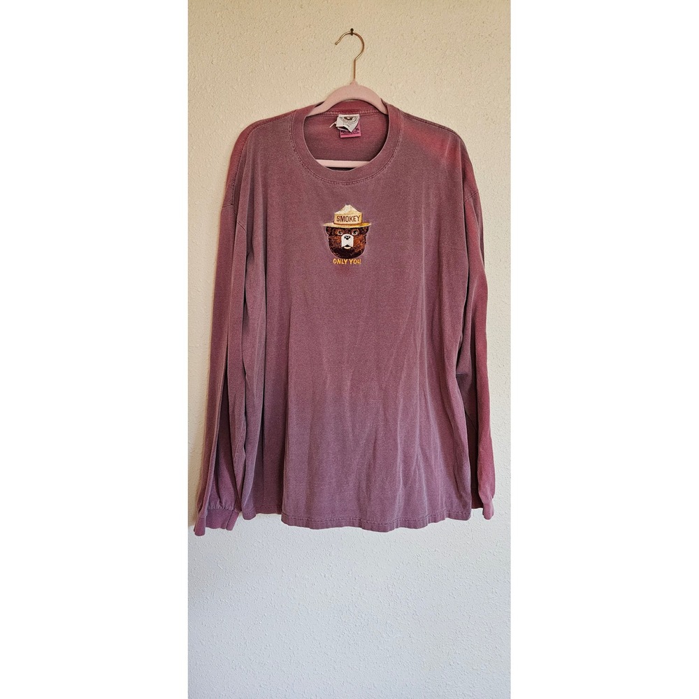 Anvil Authentic Pigment Smokey Bear Embroidered Long Sleeve Shirt XL Plum Red